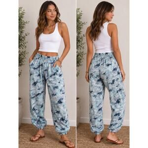 Lotus & Luna Blue Tie Dye Harem Jogger Pants L Boho Thailand